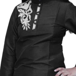 Dupion Silk Girls Dress In Black And Grey With Patch Work