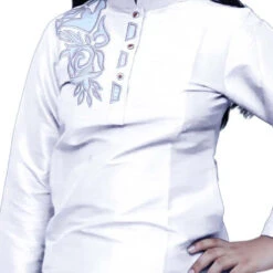 Dupion Silk Girls Dress In White And Off White With Patch Work