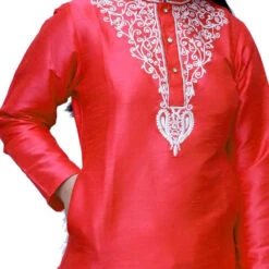 Dupion Silk Girls Dress In Red And Maroon With Embroidered Work