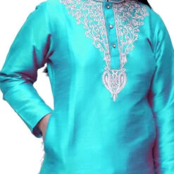 Dupion Silk Girls Dress In Blue With Thread Work