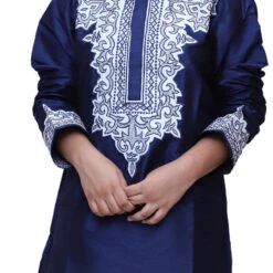 Dupion Silk Girls Dress In Blue With Fancy Work Work