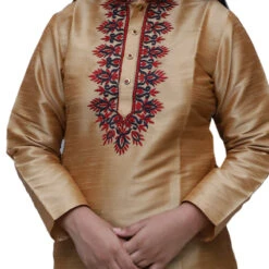 Dupion Silk Girls Dress In Gold With Fancy Work Work