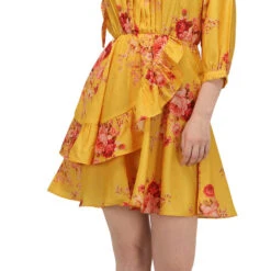 Linen Casual Dress In Yellow With Floral Work