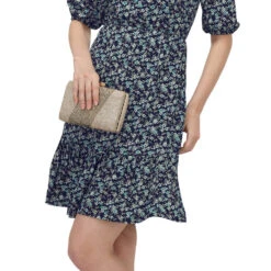 Poly Silk Casual Dress In Blue With Floral Work
