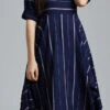 Blended Cotton Casual Dress In Blue With Printed Work