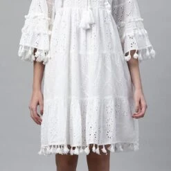 Cotton Party Wear Dress In White And Off White With Thread Work