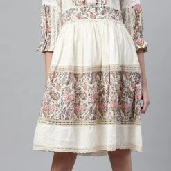 Cotton Casual Dress In White And Off White With Lace Work