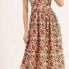 Cotton Casual Dress In Beige And Brown With Printed Work