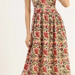 Cotton Casual Dress In Beige And Brown With Printed Work