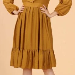 Rayon Party Wear Dress In Gold With Thread Work