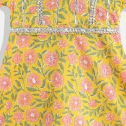 Cotton Girls Dress In Yellow With Gota Patti Work