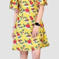 Crepe Silk Casual Dress In Yellow With Floral Work