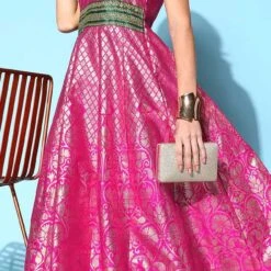 Poly Silk Party Wear Dress In Pink And Majenta With Foil Print Work