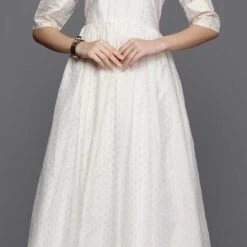 Chanderi Silk Party Wear Dress In White And Off White With Thread Work