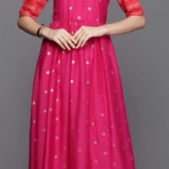 Chanderi Silk Party Wear Dress In Pink And Majenta With Foil Print Work