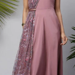 Crepe Silk Party Wear Dress In Purple And Violet With Printed Work