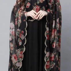 Crepe Silk Party Wear Dress In Black And Grey With Printed Work