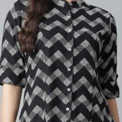 Rayon Casual Dress In Black And Grey With Printed Work