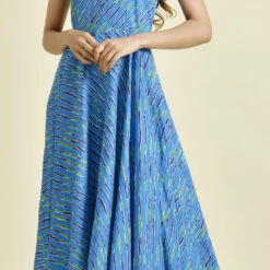 Cotton Designer Dress In Blue With Lehariya Work
