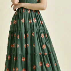 Cotton Designer Dress In Green With Printed Work