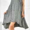 Satin Silk Summer Dress In Black And Grey With Pleats Work