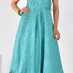 Satin Silk Party Wear Dress In Blue With Pleats Work