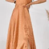 Satin Silk Summer Dress In Beige And Brown With Pleats Work