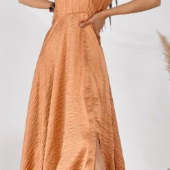 Satin Silk Summer Dress In Beige And Brown With Pleats Work