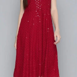 Rayon Casual Dress In Red And Maroon With Sequence Work