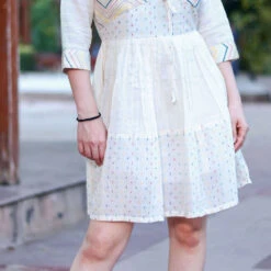 Cotton Party Wear Dress In White And Off White With Embroidered Work