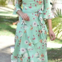 Rayon Party Wear Dress In Green With Digital Print Work