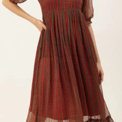 Polyester Silk Party Wear Dress In Red And Maroon With Printed Work