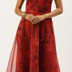 Organza Silk Summer Dress In Red And Maroon With Printed Work