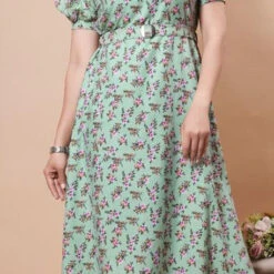 Rayon Festive Dress In Green With Floral Work