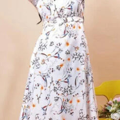 Rayon Festive Dress In White And Off White With Floral Work