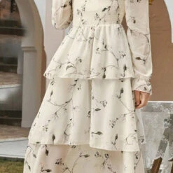 Rayon Party Wear Dress In Beige And Brown With Printed Work