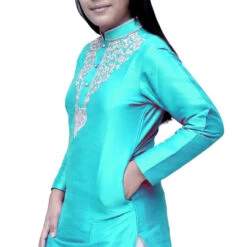 Dupion Silk Girls Dress In Blue With Thread Work -goodsmile.info shop A637473501589008316