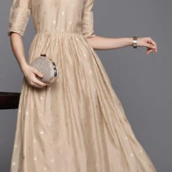 Chanderi Silk Party Wear Dress In Beige And Brown With Foil Print Work -goodsmile.info shop A638143035960040935