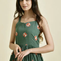 Cotton Designer Dress In Green With Printed Work -goodsmile.info shop A638230336121154357