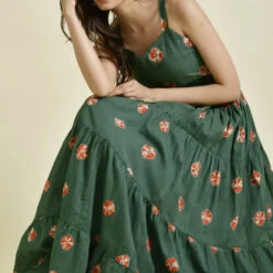 Cotton Designer Dress In Green With Printed Work -goodsmile.info shop A638230336125841742