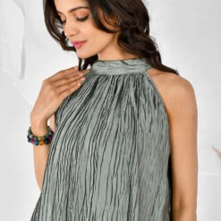 Satin Silk Summer Dress In Black And Grey With Pleats Work -goodsmile.info shop A638230418511030933