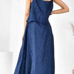 Satin Silk Summer Dress In Blue With Pleats Work -goodsmile.info shop A638230421107926166