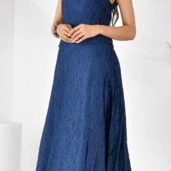 Satin Silk Summer Dress In Blue With Pleats Work -goodsmile.info shop A638230421110269570