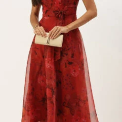 Organza Silk Summer Dress In Red And Maroon With Printed Work -goodsmile.info shop A638328834475683935