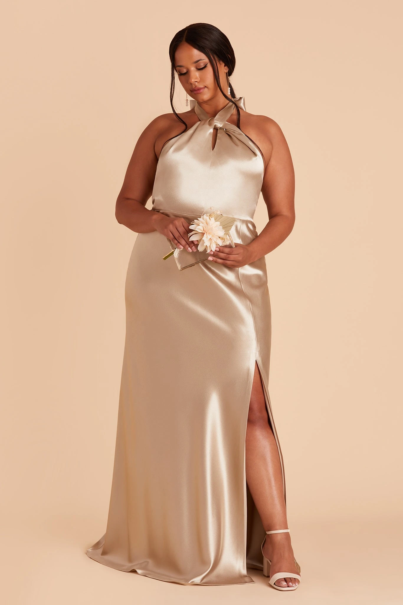 Monica Shiny Satin Dress - Neutral Champagne - Image 7