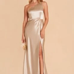 Kira Shiny Satin Dress - Neutral Champagne