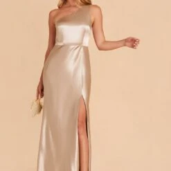 Kira Shiny Satin Dress - Neutral Champagne -goodsmile.info shop neutral champagne kira satin slit bridesmaid dress 02