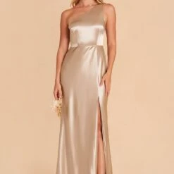 Kira Shiny Satin Dress - Neutral Champagne -goodsmile.info shop neutral champagne kira satin slit bridesmaid dress 03