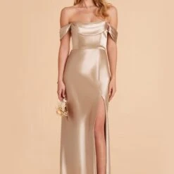 Mia Shiny Satin Convertible Dress - Neutral Champagne