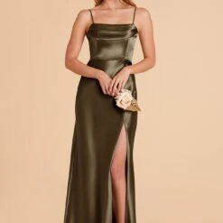 Mia Shiny Satin Convertible Dress - Olive